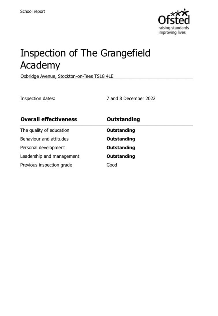 Another one of mine. The Grangefield Academy has just had its recent inspection report published. <a href="/NorthernEdTrust/">Northern Ed Trust</a> now has THREE secondary academies that have been judged OUTSTANDING in all categories. <a href="/Grangefield/">NET The Grangefield Academy</a> <a href="/NorthShoreAcad/">North Shore Academy</a> <a href="/DykeHouse/">🌈NET Dyke House Academy</a> #ofsted #ofstedreport