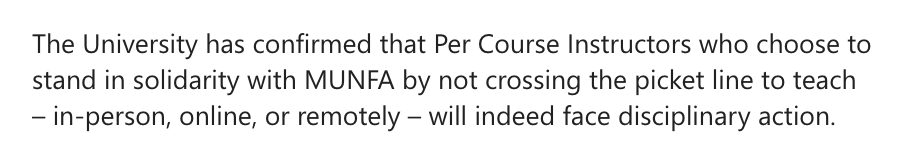 I've been pretty upfront with my students that 
<a href="/MemorialU/">Memorial University</a> is basically bullying Per-course-instructors when it comes to crossing the picket line...