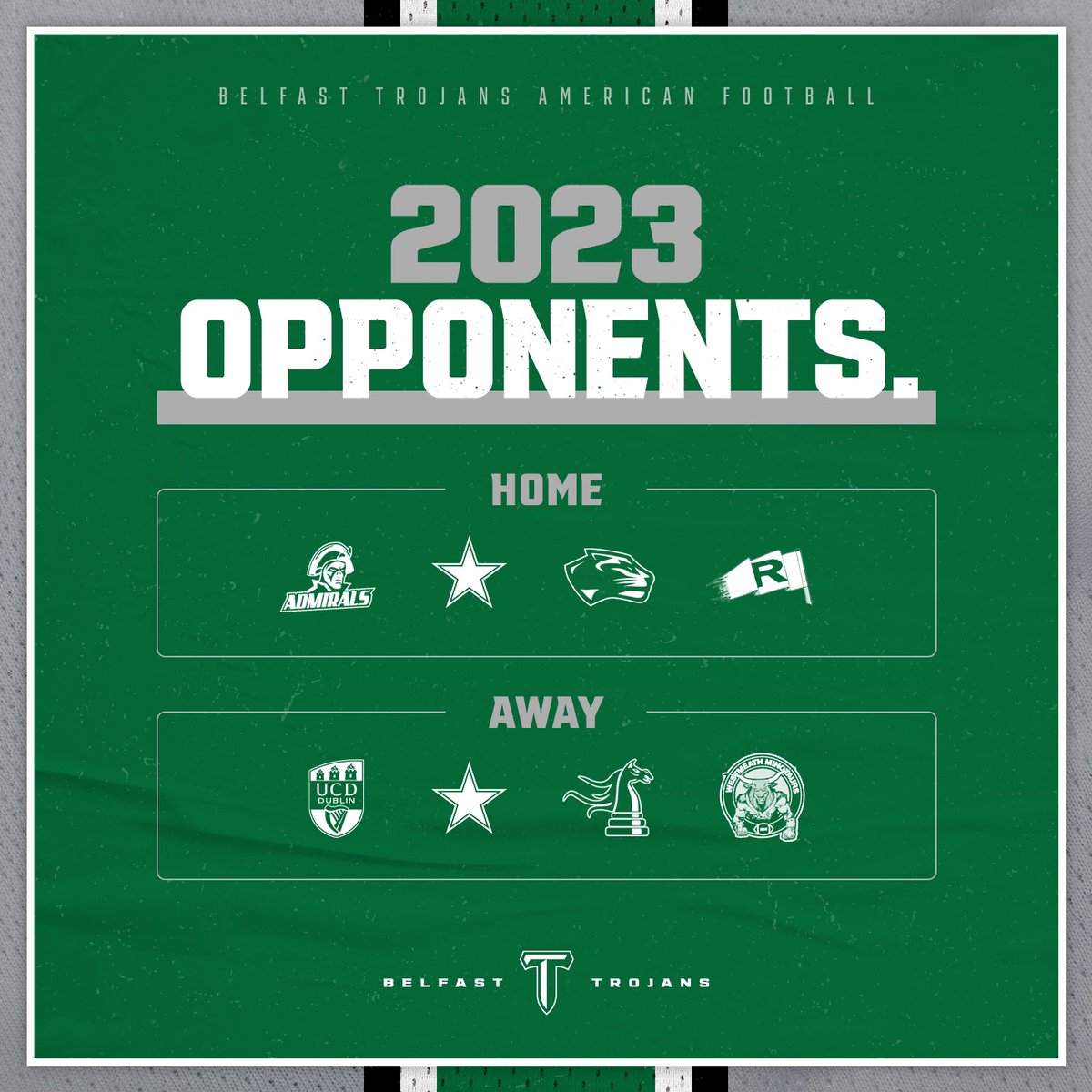 BelfastTrojans's tweet photo. Our 2023 AFI Premier Division Opponents! 

Which games are you most looking forward to as we begin the road to the 2023 Shamrock Bowl!? 🏈

#AFISchedule
#TrojansWill
#BelfastTrojans
#AmericanFootball https://t.co/b8vSMkfRqg