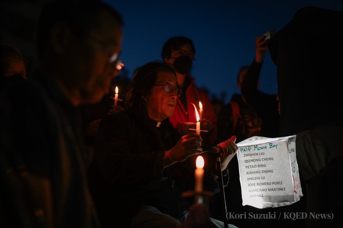 Too many vigils. Reverend Norman Fong holds a homemade lantern bearing the names of the victims from the recent mass shootings in Half Moon Bay and Monterey Park, during a gathering at Portsmouth Square in San Francisco's Chinatown last night. (Kori Suzuki / @KQEDnews)