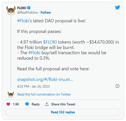PtpWallet's tweet photo. The #Floki community supported the proposal of the #DAO behind the project to burn 4.97 trillion FLOKI tokens worth $55 million.
The Floki #exchange rate reacted with an increase of more than 20%.
Retweet #ptpwallet https://t.co/l18BsnNGrm