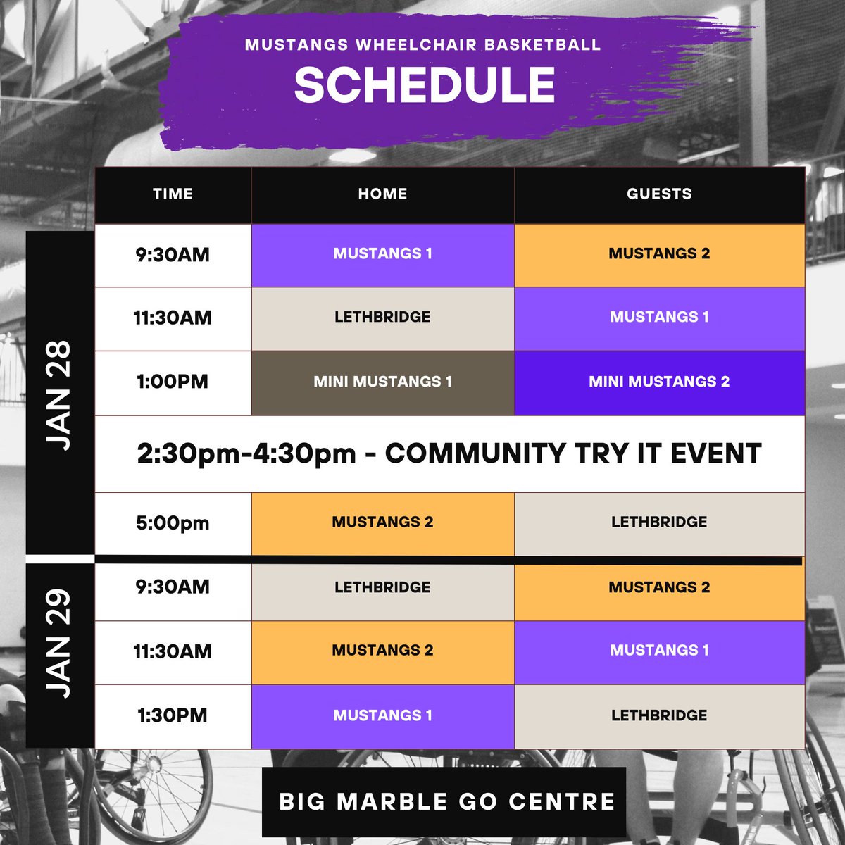 The Medicine Hat Mustangs Wheelchair Basketball Tournament starts tomorrow!!

Be sure to come to the @BigMarbleGoCentre and watch these athletes compete. Admission is free. 

We also will be having a free community try it from 2:30-4:30pm on Saturday for all ages and abilities!