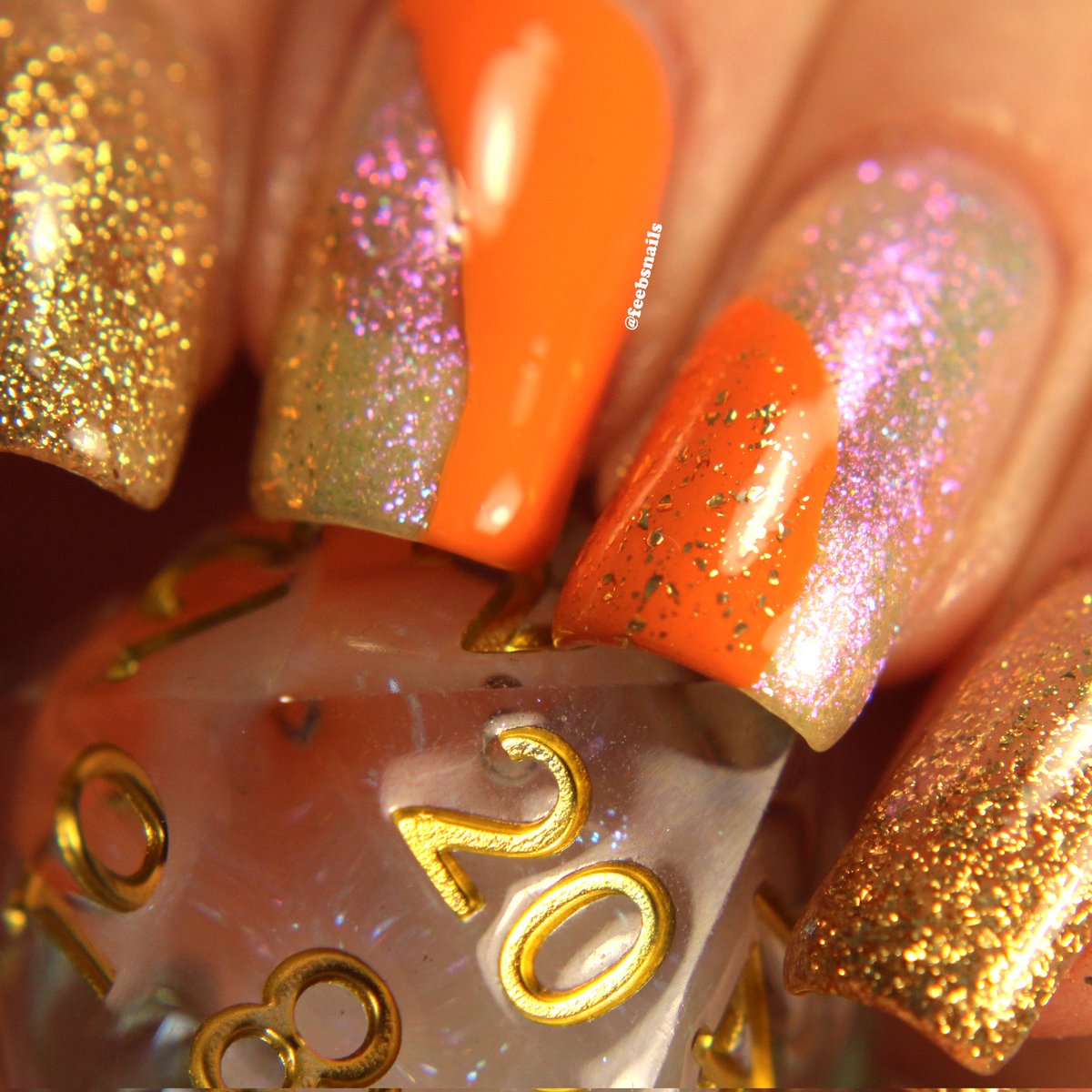 feebsnails's tweet photo. I make #nailart inspired by my #ttrpg dice ✨ 

Here's a set I bought from @TTDominionLTD for my Witcher OC, Neferi of Redania 🧡

#liquidcoredice #dnddice #dnd #witchertrpg https://t.co/LNp98Z1rZ5