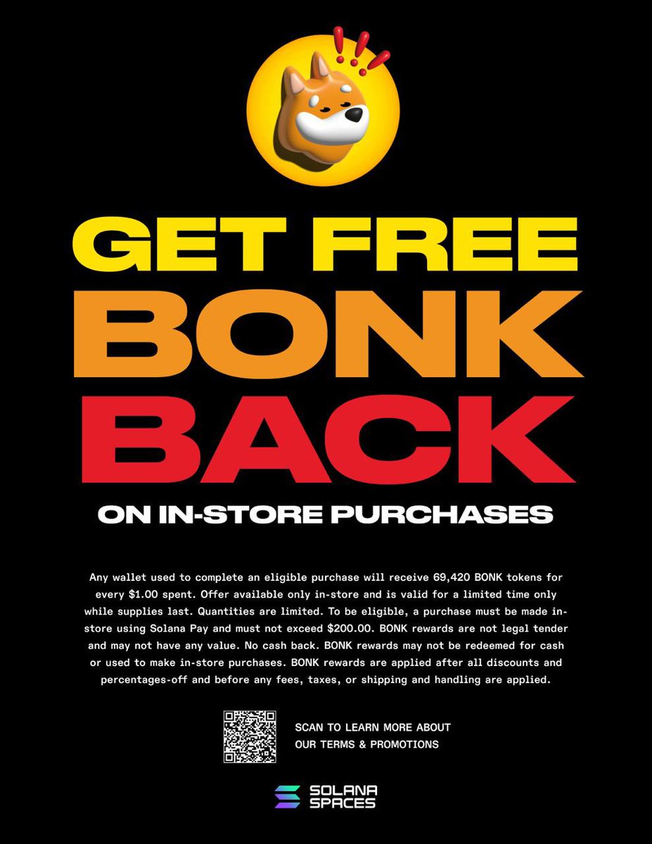 Now while supplies last, get 69,420 $BONK back per USDC spent via on purchases at <a href="/solanaspaces/">Solana Spaces</a> stores when you use <a href="/solanapay/">Solana Pay</a> to checkout!

Thanks to <a href="/Decaf_so/">Decaf ☕</a> for building this feature!