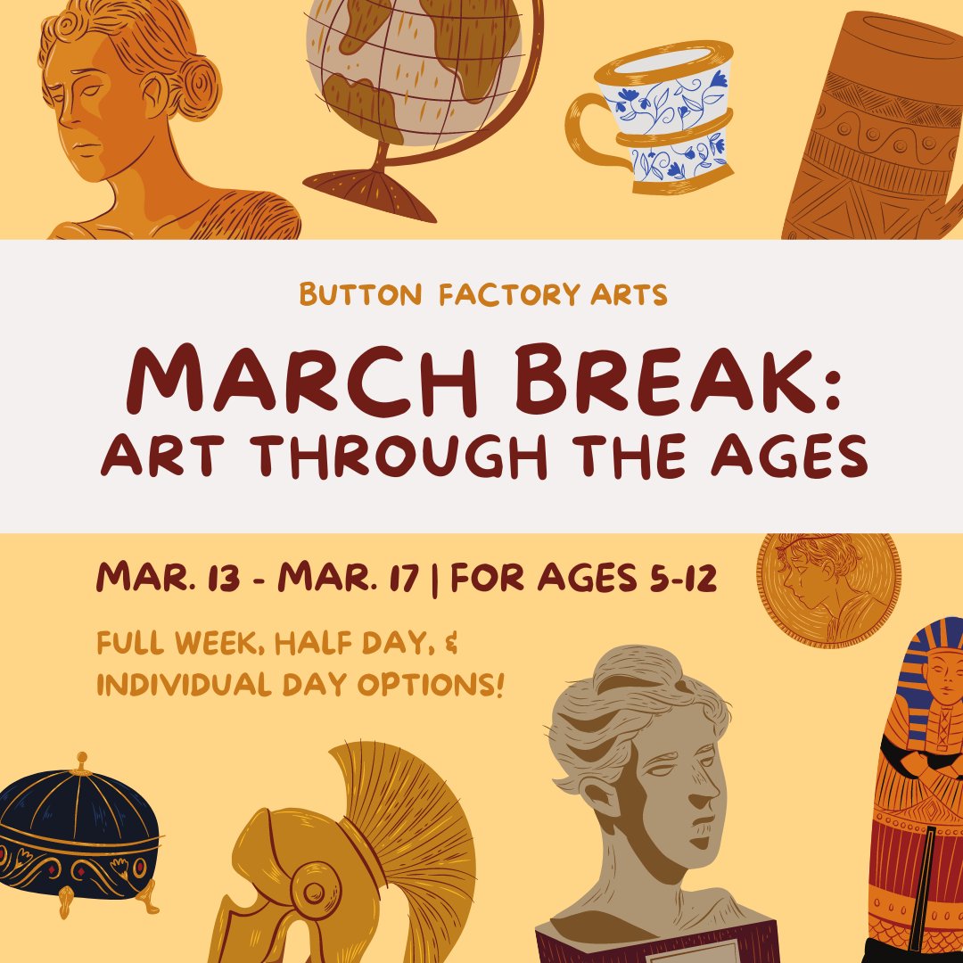 Registration for March Break camp is open! 

This year, join us at Button as we venture through time and space to explore the different forms art has taken in the past 🦕 Each day explores 2 different time periods!

For ages 5-12. Details and registration: buttonfactoryarts.ca/march-break-ca…