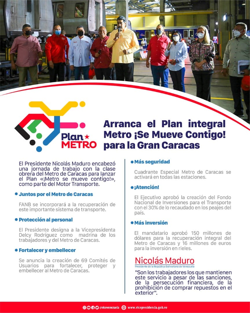 #ElMetroSeMueveContigo 🚇 Con el apoyo de instituciones del Gobierno Bolivariano, el presidente de la República <a href="/NicolasMaduro/">Nicolás Maduro</a> creó un plan que recuperará integralmente al primer sistema de transporte público masivo para el pueblo capitalino.