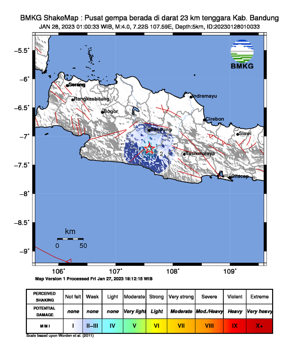 infoBMKG's tweet photo. #Gempa (UPDATE) Mag:4.0, 28-Jan-23 01:00:33 WIB, Lok:7.22 LS, 107.59 BT (Pusat gempa berada di darat 23 km tenggara Kab. Bandung), Kedlmn:5 Km Dirasakan (MMI) II - III Soreang, II - III Bandung #BMKG https://t.co/cQ1fORcUus