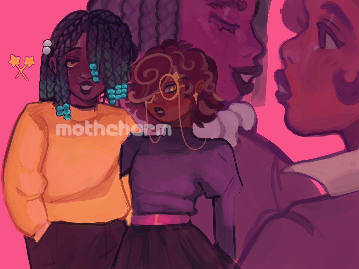 dark skin multiple girls 2girls dark-skinned female artist name pink background earrings  illustration images