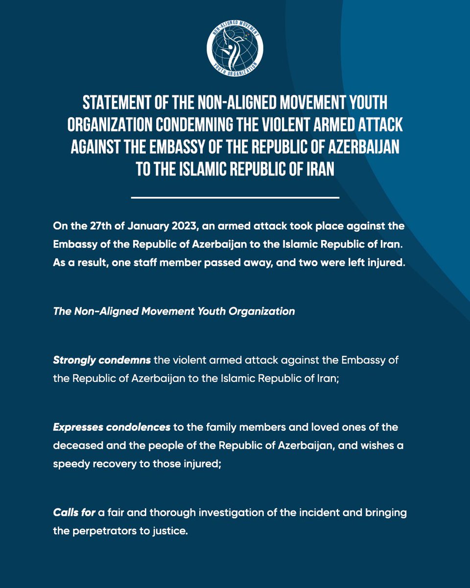 OrdukhanG's tweet photo. @namyouthorg has issued a statement condemning the violent armed attack against the Embassy of the Republic of Azerbaijan to the Islamic Republic of Iran.

#NAMYO #NAMYouth https://t.co/nBn9KircdE