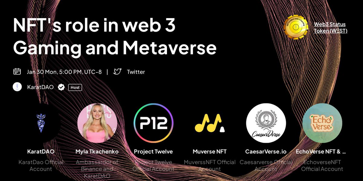 KaratDAO's tweet photo. 🗣️ We are holding an #AMA to brainstorm⭐️#NFT's role in web 3 #gaming  and Metaverse ⭐️

Hosts: @KaratDAO @mylatkachenko 
Guests: @_p12_ @MuverseNFT @CaesarVerse_io @EchoVerseNFT 

⏰ Jan 30, Mon, 05:00 PM UTC-8

🔔Set your reminder: https://t.co/5HXka6g9cT

100$ raffle applied💰 https://t.co/qAGcAFERjP