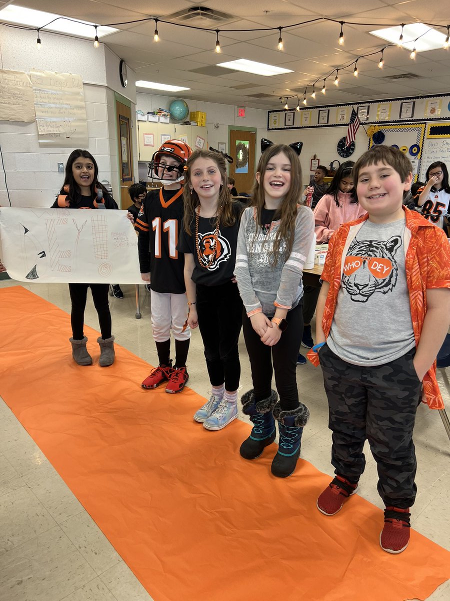 thackerteaches's tweet image. Since we have so many Ss dressed in their black and orange attire, we decided to roll out the orange carpet for a Bengals Fashion Show!! Who Dey!!🧡🏈#KindnessStartswithME #WhoDey