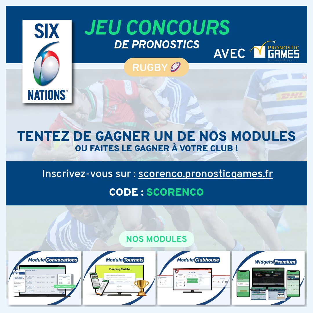 Participez au concours de pronostics des 6 nations 🏉🏆

▶ Faites vos pronostics gratuitement sur tous les matchs 📝
▶ Gagnez un maximum de points grâce à vos pronostics 📈
▶ Remportez des lots inédits selon votre classement 🏆

📝 Rejoignez-nous ! scorenco.pronosticgames.fr