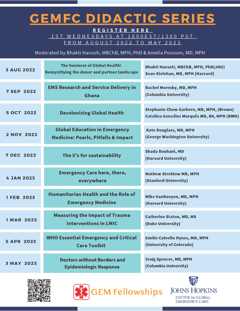 GEM Fellowships (@gem_fellowships) on Twitter photo Attention Global EM Fellows! Check out the GEMFC Didactic Series for a variety of educational lectures. Register for the upcoming lecture on 2/1 @ 4PM EST with <a href="/mvanrooyen_md/">Michael VanRooyen, MD, MPH</a> on Humanitarian Health in EM. See link in flyer/QR code to register <a href="/SAEM_GEMA/">SAEM Global Emergency Medicine Academy</a> <a href="/SAEMonline/">SAEM</a> #globalhealth Attention Global EM Fellows! Check out the GEMFC Didactic Series for a variety of educational lectures. Register for the upcoming lecture on 2/1 @ 4PM EST with <a href="/mvanrooyen_md/">Michael VanRooyen, MD, MPH</a> on Humanitarian Health in EM. See link in flyer/QR code to register <a href="/SAEM_GEMA/">SAEM Global Emergency Medicine Academy</a> <a href="/SAEMonline/">SAEM</a> #globalhealth