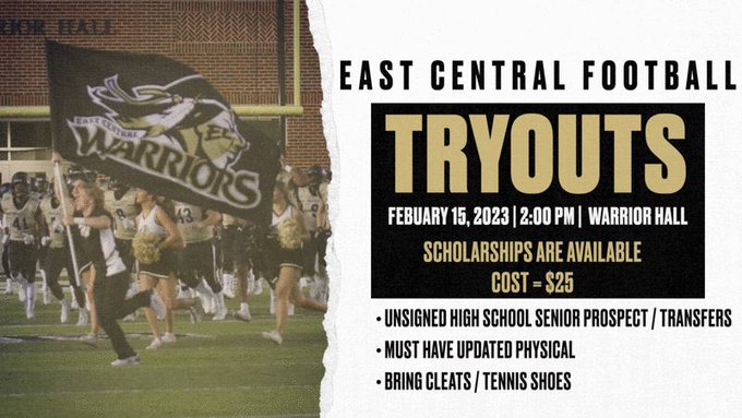Coach_Luther's tweet photo. 🗣Unsigned Prospects/transfers!
🏈East Central is having a tryout!
📆 February 15 
⏰2:00 PM
📍Decatur, MS - Warrior Hall
💰$25
⬇️ Details below 
‼️ scholarships 📝 available https://t.co/sLKWQV71XQ