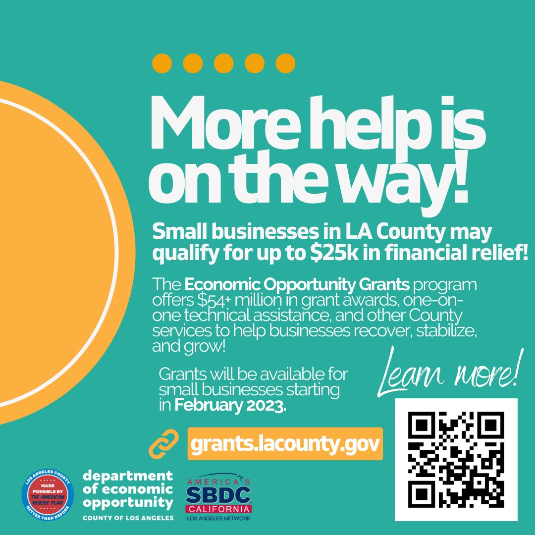 More help is on the way! Microbusinesses can apply for grants of $2,500 starting today via LA County's EOG program! Applicants can visit bit.ly/3WKmhCq to apply or to access multi-lingual application support. #LASBDC #SmallBizLA #EOG