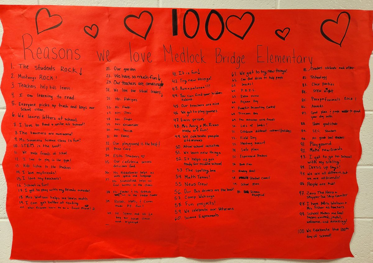 Leigh Ann Watson (@watsonspedtch) on Twitter photo We wrote 100 reasons we love MBES to celebrate the 100th day of school! ❤️❤️❤️ <a href="/MedlockBridgeES/">Medlock Bridge ES</a> We wrote 100 reasons we love MBES to celebrate the 100th day of school! ❤️❤️❤️ <a href="/MedlockBridgeES/">Medlock Bridge ES</a>