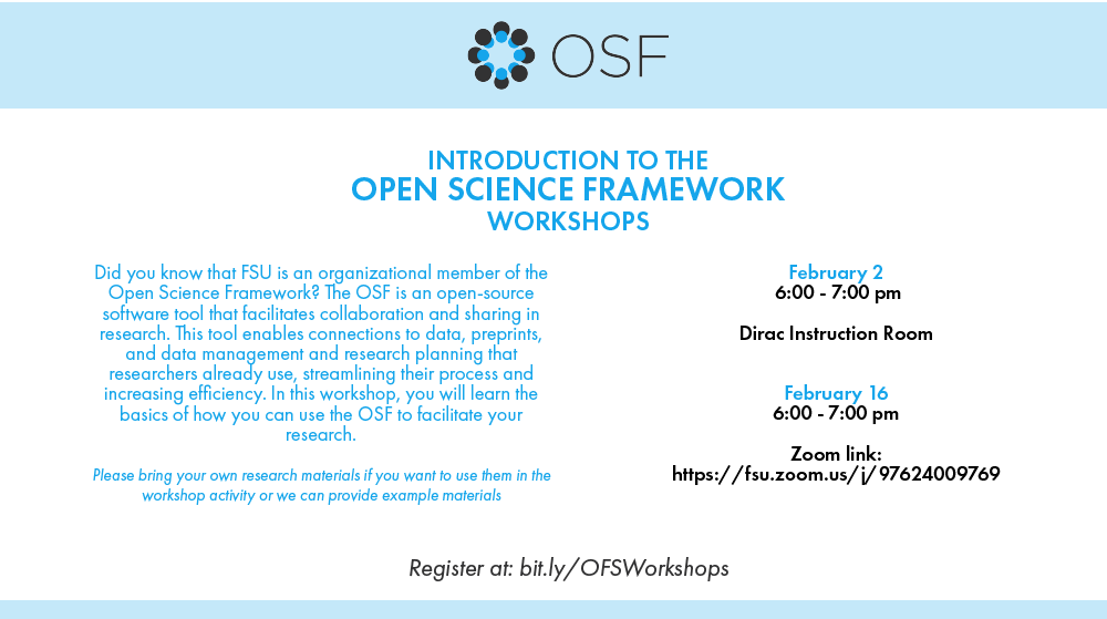 fsulibraries's tweet photo. The OSF is an open-source software tool that facilitates collaboration and sharing in research. We will be hosting a workshop next Thursday at the Dirac Instruction Room from 6-7 PM and on February 16th on Zoom from 6-7 PM.  https://t.co/MgHBvIiMCy. https://t.co/LHvPO6WhOl