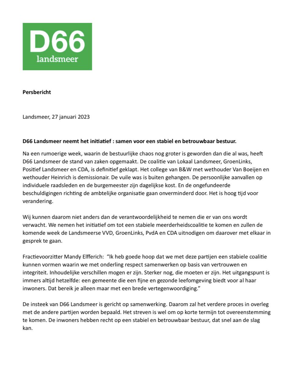 D66Landsmeer's tweet photo. Hoog tijd dat er snel een stabiele en betrouwbare coalitie en dito college wordt gevormd die aan de slag kan gaan voor de inwoners van de gemeente Landsmeer. Wij nemen de verantwoordelijkheid die van ons verwacht wordt 👇 https://t.co/GVI9WowG3i