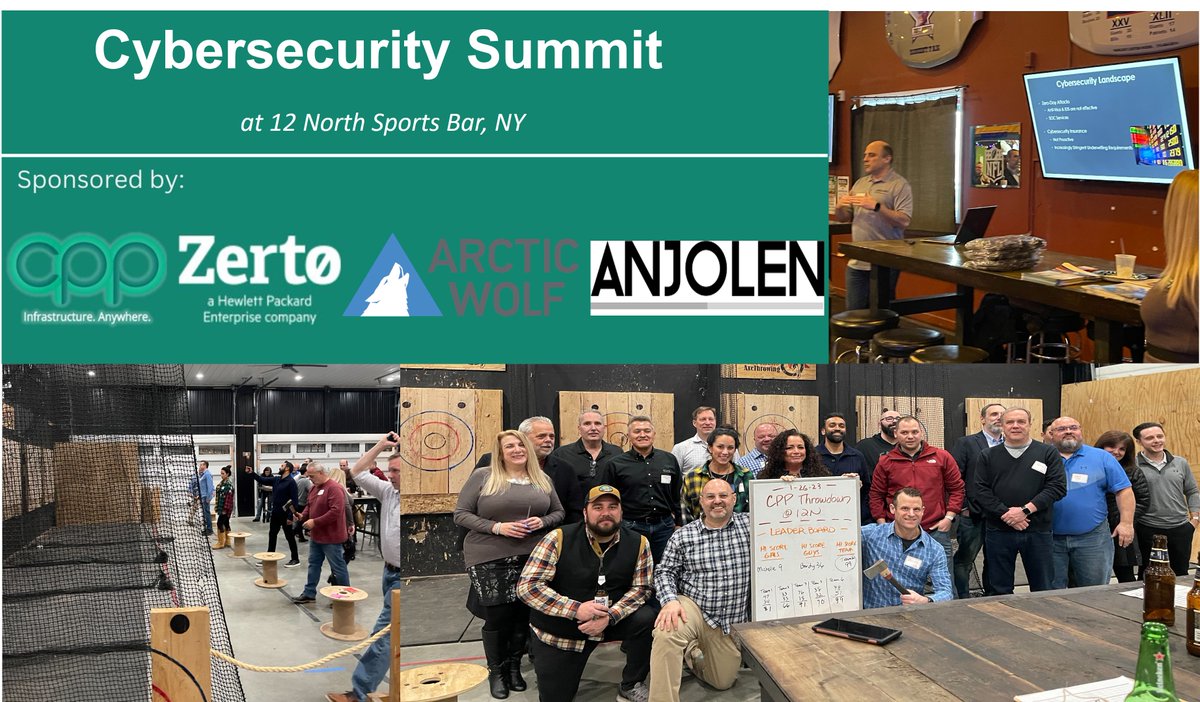 _cppassociates's tweet image. Thank you to all who came out to hear about the latest cybersecurity technologies and enjoy some refreshments and friendly competition with Axe Throwing! Special thanks to our co-sponsors, Arctic Wolf, Zerto, and Anjolen!  Hope all enjoyed the event as much as CPP did!