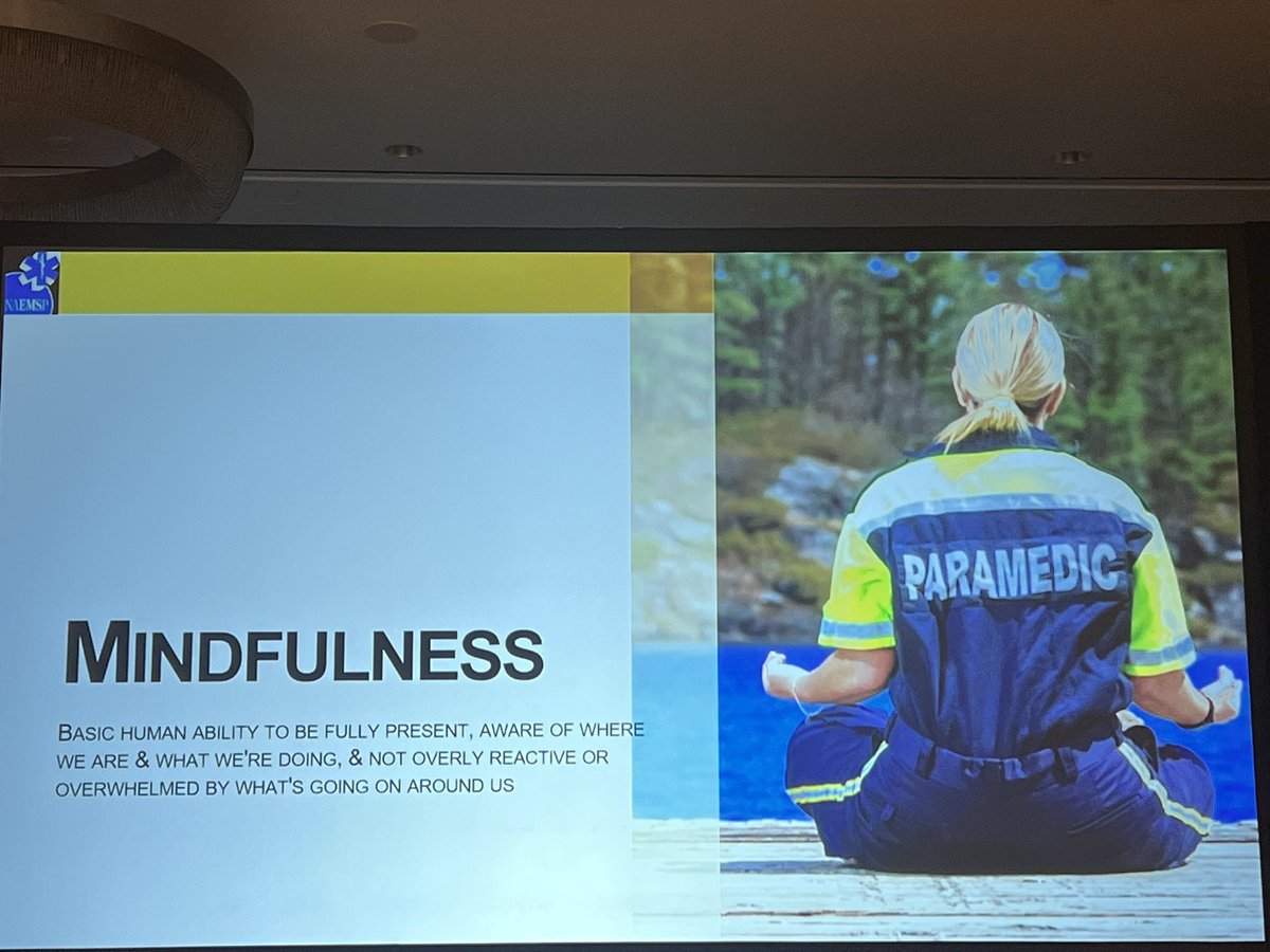 LadyEMSMD's tweet photo. .@benabo talking about mindfulness. Helps with SO MANY things; goal is to focus on the present and be fully aware of surroundings, self, thoughts, feelings. #NAEMSP2023 https://t.co/rtdidpn1Qt