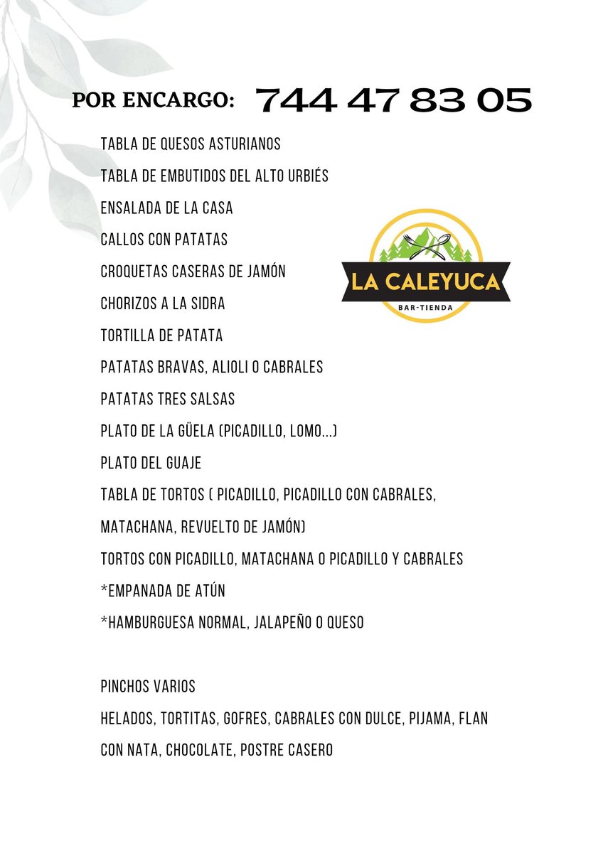 Ven a picotear con nosotros 👍🏻
Avísanos con unos días pa abastecenos y no quedar sin sitiu (el aforo interior ye de hasta 10 persones)
Come como en casa, entre amigos y recién fecho
Cualquier consulta al 744 47 83 05
OS ESPERAMOS‼️ 
#lacaleyuca #chigre #bartienda #bardepueblo