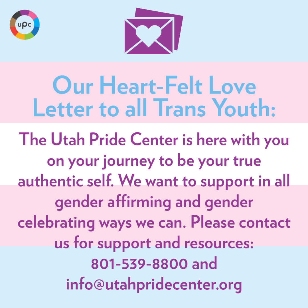 utahpridecenter's tweet photo. Today and everyday: we love our trans youth and we are here to support you, your identity, your magic and your big hearts! 💙💜🤍 https://t.co/RrXCYqpF3h