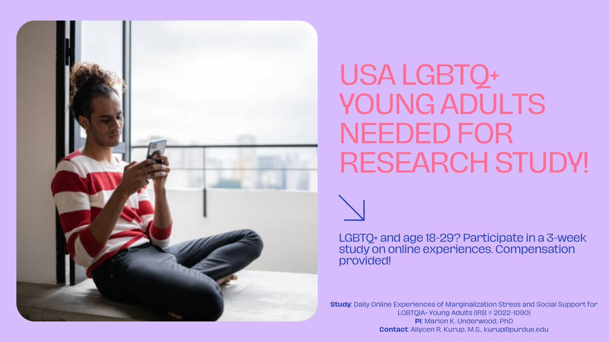 (1/2)Looking for participants for a remote 3-week daily study on online experiences! Must be part of LGBTQ+ community, ages 18-29, own a smartphone. Study is minimal risk, may benefit general psych knowledge. Compensation provided! Screening: bit.ly/3B179IK. DM for info.