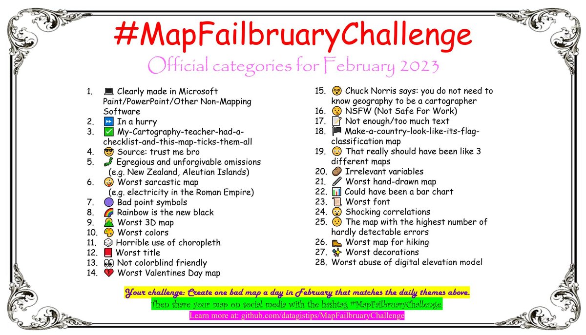 datagistips's tweet image. 🕰 :👎👎👎👎👎 
ONLY 5 days before #MapFailbruaryChallenge ! 
Open from &apos;No-knowledge-at-all&apos; level 🥚  to &apos;Beginner&apos; level 🐣
#gischat #gistribe #mapfail #cartography
