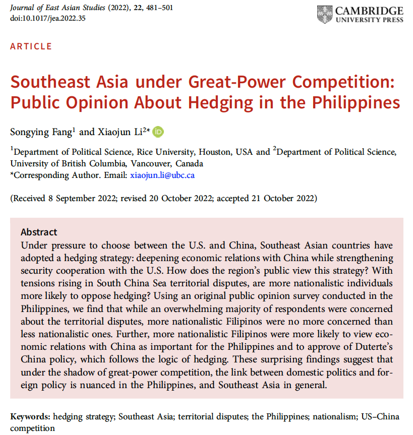 nujoaixil's tweet photo. Sharing my new paper now published #OpenAccess in the Journal of East Asian Studies. We examine how the public in 🇵🇭 view the hedging strategy that has emerged as a popular foreign policy in the region under US-China competition: https://t.co/jqPZ4iL6J1 https://t.co/7oFxR94Lxx