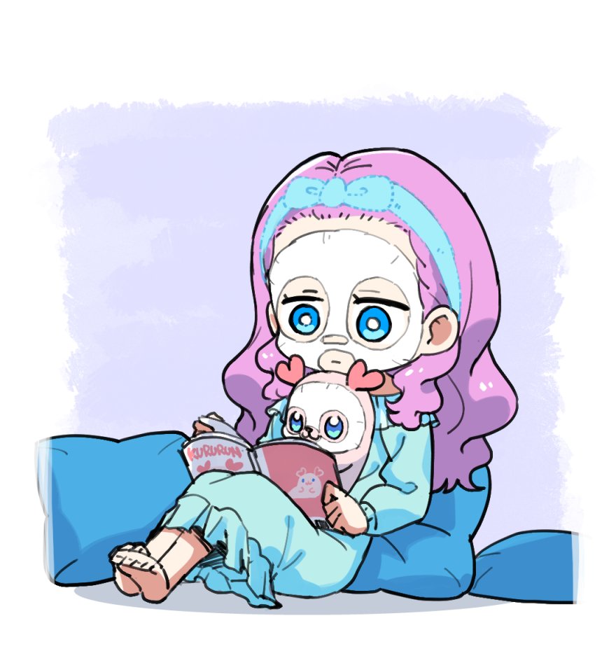 1girl reading book mask blue eyes sitting pink hair  illustration images