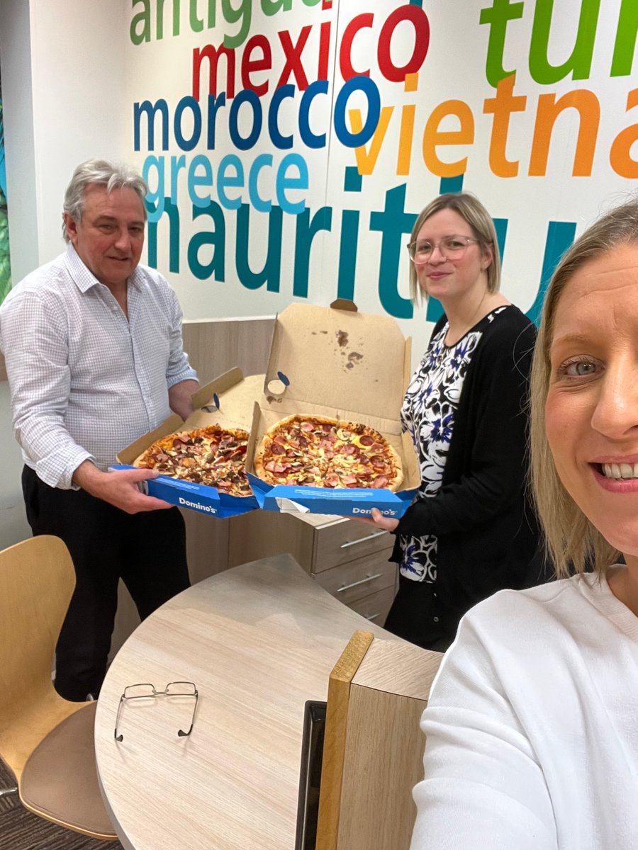 Here's the team <a href="/MillingtonTrav/">Millington Travel</a> Leicester Market Street, tucking into pizza courtesy of <a href="/JustYouTrade/">JustYouTrade</a>! You certainly deserve it after such a busy start to January! #HappyFriday