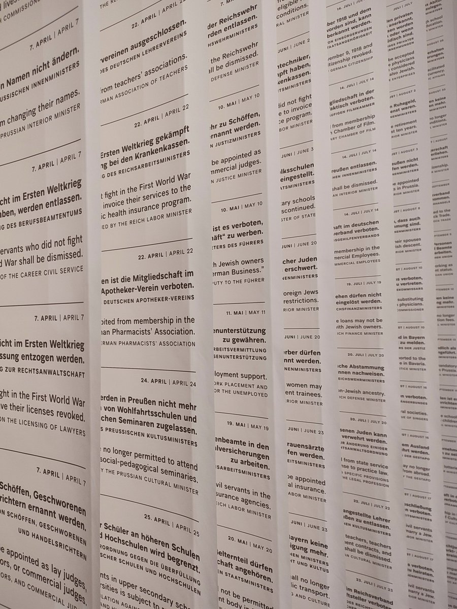 I went to the Jewish Museum in Berlin recently. All the exhibits were really powerful but I was esp struck by the long row of banners detailing all the laws that systematically excluded & dehumanised people. It didn't start with gas chambers. #HMD2023