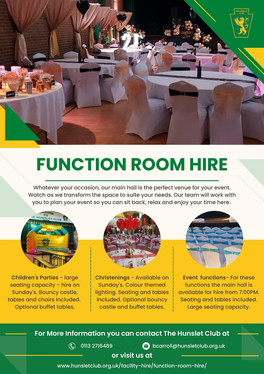 HunsletClub's tweet image. Act fast and contact our events coordinator today to book your celebration in our function room! 📲📧

#Leeds #functionroom #TheHunsletClub