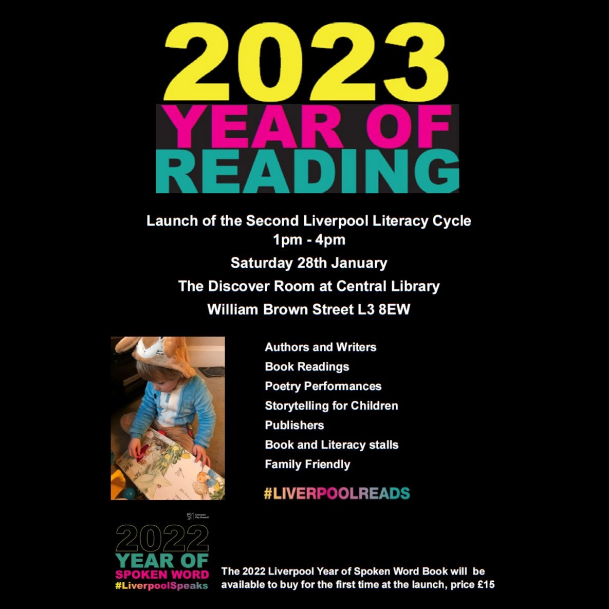 Excited for the launch of Liverpool Year of Reading this Sat at @Lpoolcentlib 1-4.30pm. A free family event with fantastic activities/performances!

@LivLitCycle book celebrating the Year of Spoken Word will be available to buy!   

#LiverpoolReads #LivLitCycle #LiverpoolSpeaks