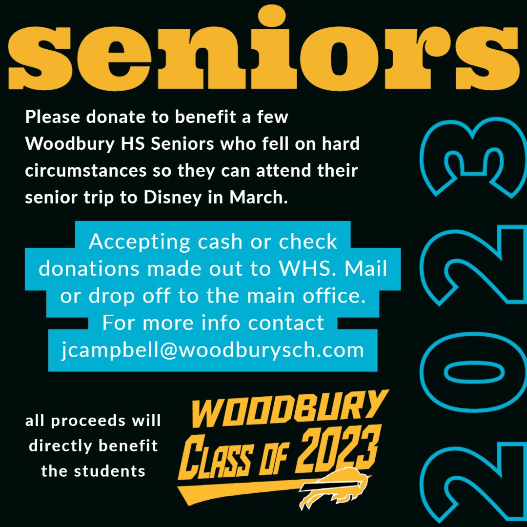 Community: We need your help! Accepting #donations to help seniors #classof2023 attend their #seniortrip to #Disney. See flyer for details #woodburypride #goherd #fundraiser <a href="/woo_1902/">The Woo Est.1902</a> <a href="/HERD_ATHLETICS/">Woodbury Athletics</a> <a href="/thartwyk16/">Tara Hartwyk</a>