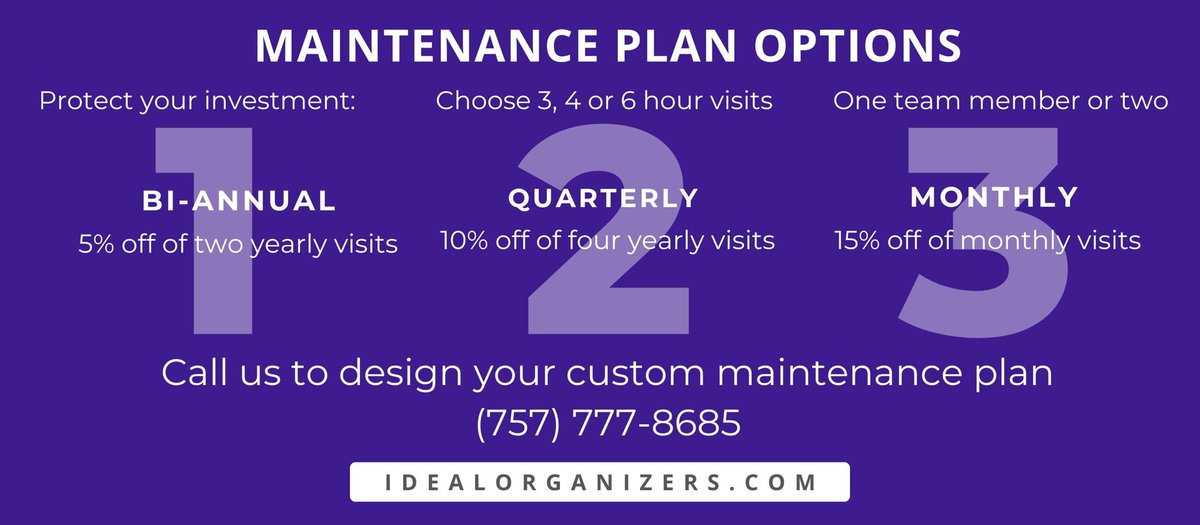 idealorganizers's tweet image. If you can GET organized but can&apos;t STAY organized, our maintenance plans are the solution! #IdealOrganizingandDesign #Organizer #Keepitorganized