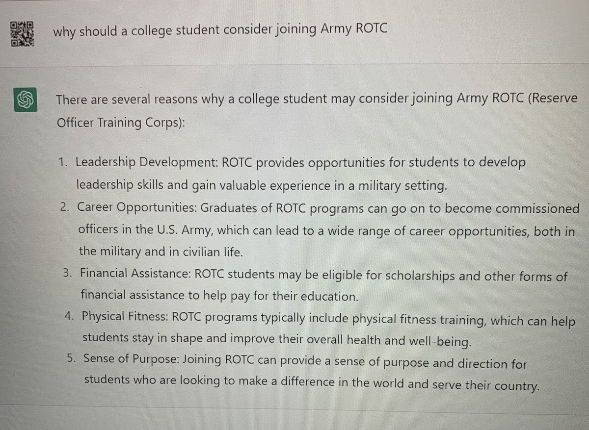 Artificial Intelligence is all the rage. What happened when we asked “why should a college student consider Army ROTC?” #ArtificialIntelligence #bethefuture
