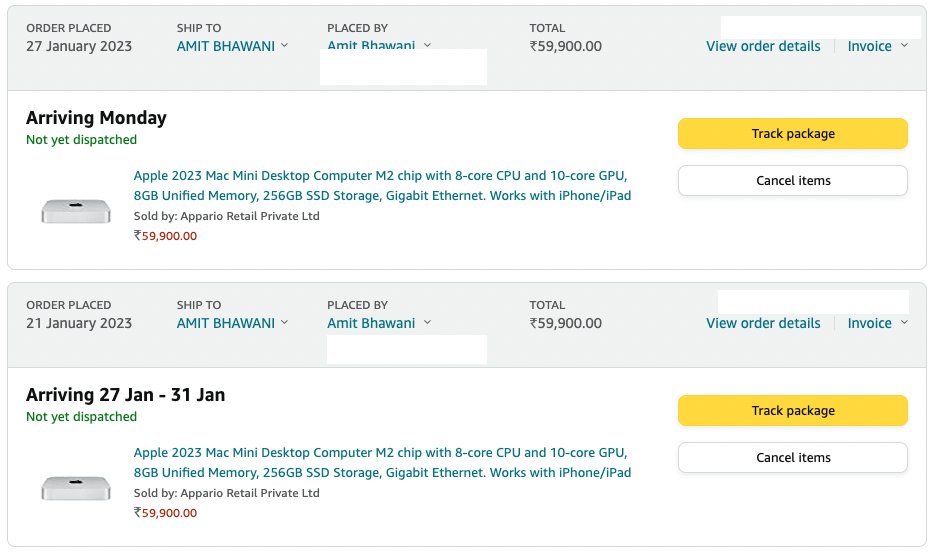 amitbhawani's tweet photo. Update: Placed third order for the #MacMini #MacM2 because the first one has not shipped yet while the new order page now shows Monday delivery - https://t.co/uq9i7NDcY1
The second order got placed by mistake without using a coupon. Try using BVD500 for small discount too. https://t.co/S8gIZ1bkze