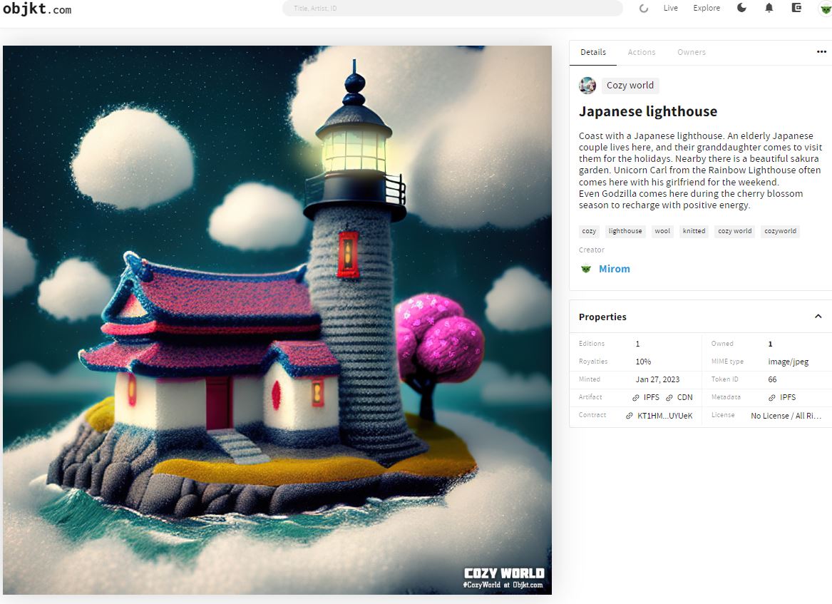 In the #CozyWorld, on the coast with a Japanese lighthouse (owned by <a href="/Terryg1406/">NFTerry</a> ) there is a beautiful Sakura garden. An elderly Japanese couple lives here. Even Godzilla comes here during the cherry blossom season to recharge energy.

#tezos #objectNFT 

objkt.com/asset/KT1HMD8c…