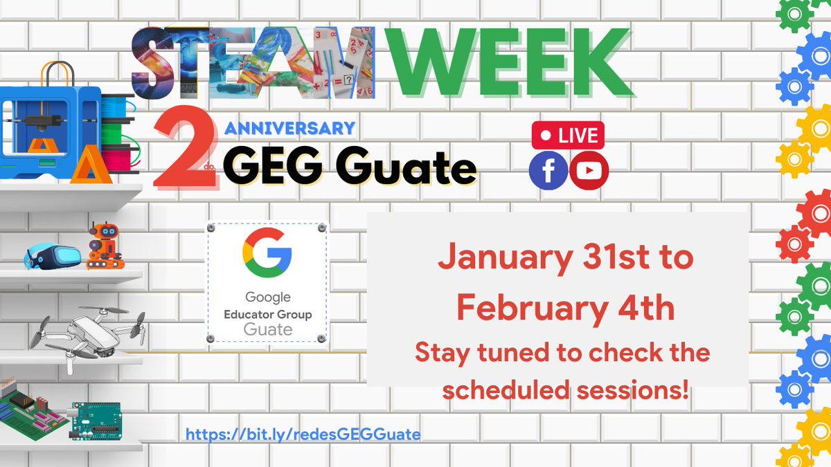 🎉✨GEG Guate is celebrating its Second Anniversary.  Do not miss the webinars next week.
<a href="/CoraEdTech/">Cora Yang</a> <a href="/fungooli/">Mel A</a> <a href="/RudyChem/">Rudy Escobar 🇬🇹🦾💻🥼Micro:bit Champion</a> <a href="/KikaoCultures/">KIKAO CULTURES</a> 

Register: bit.ly/GEGGuateSTEAM
#STEAMweek #Anniversary <a href="/GegProgram/">Google Educator Groups</a> <a href="/GEGHispano/">GEG Hispanoamérica</a>