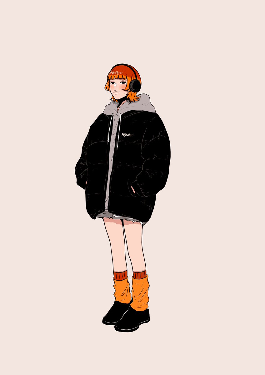 1girl solo orange hair hood simple background socks hands in pockets  illustration images