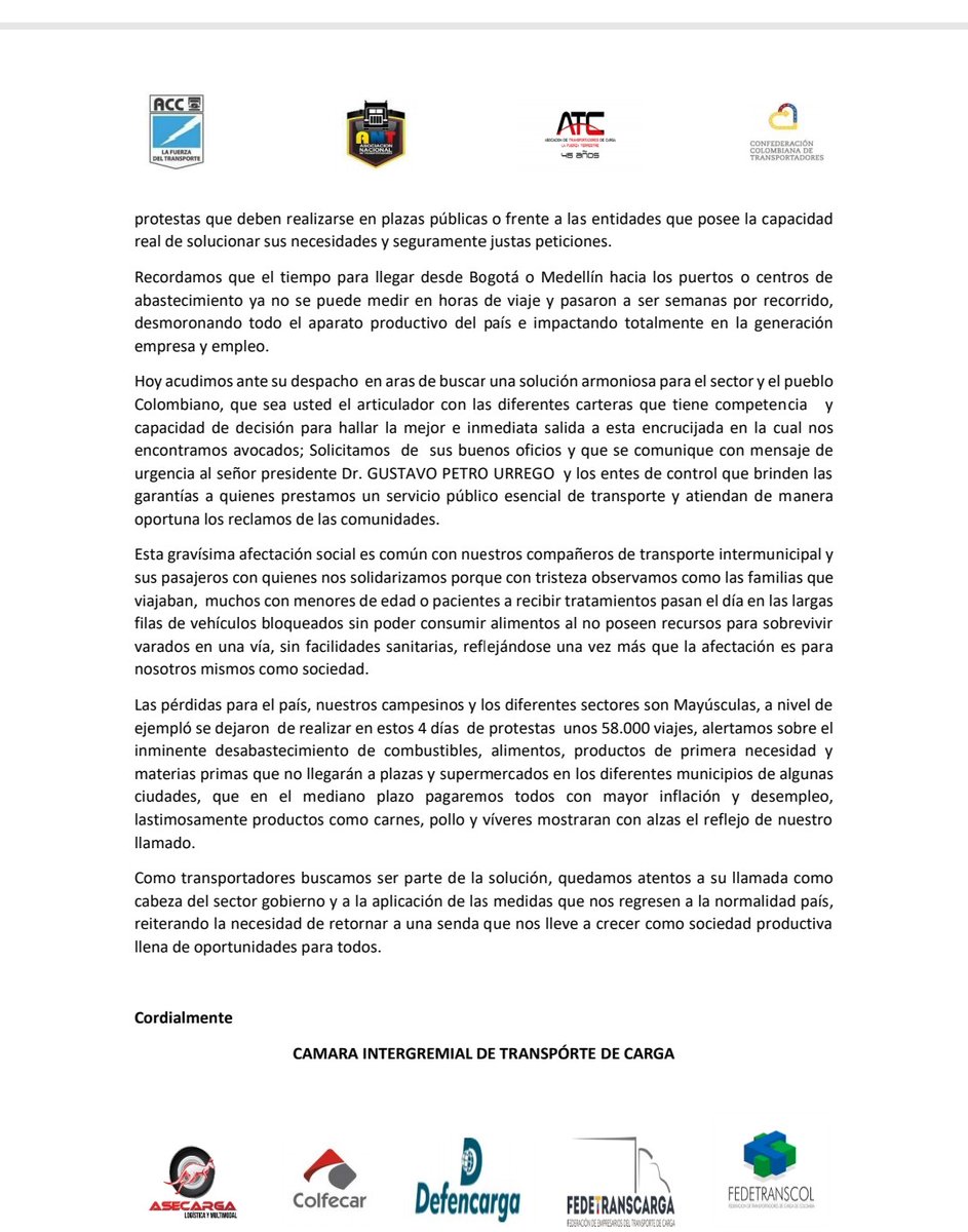 Desde la Cámara Intergremial del Transporte nos pronunciamos ante los bloqueos en vías nacionales. <a href="/MinTransporteCo/">MinTransporte</a> <a href="/RistraD/">Ristra Ditra</a>