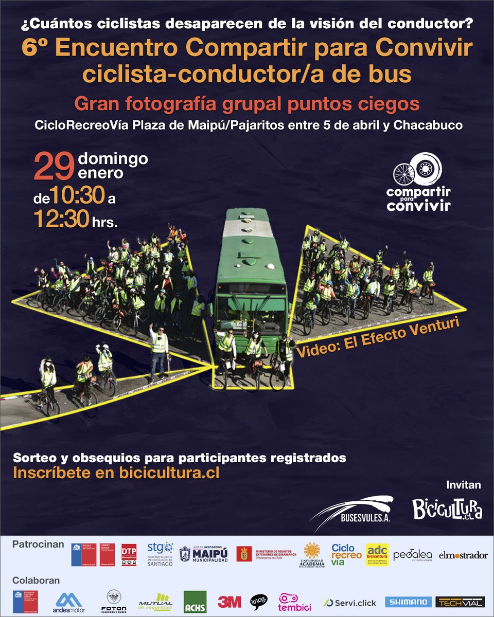 Este domingo en #Maipú nuevo encuentro entre ciclistas y conductores de bus.
Fotografía grupal para visibilizar puntos ciegos, feria vial, sorteos y premios. 
¡Inscripciones abiertas! docs.google.com/forms/d/1dgty_…
Invita <a href="/bicicultura/">bicicultura</a> 
youtu.be/PegfpYy3nfI