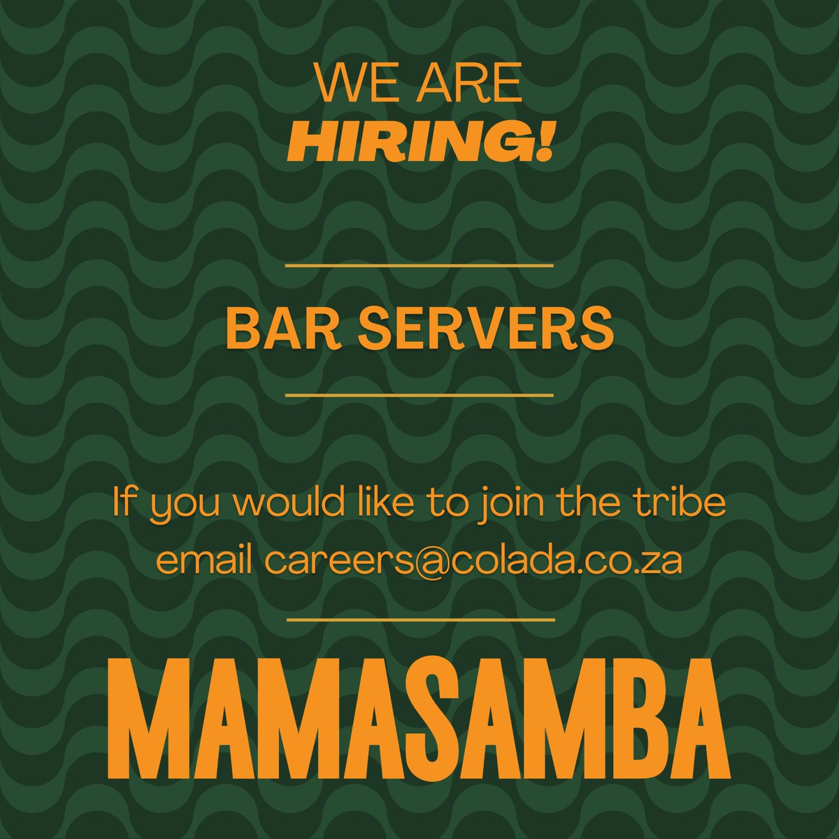 Join the tribe 🔥
_
_
_
We’re looking for dynamic candidates who match the MAMASAMBA vibe.

Email your cv to careers@colada.co.za

#mamasambaJHB #recruitment #jointhetribe #vibetribe #rosebankthezone #troubleinparadise #jozijungle #carnival #celebration #jozifood #jozilifestyle