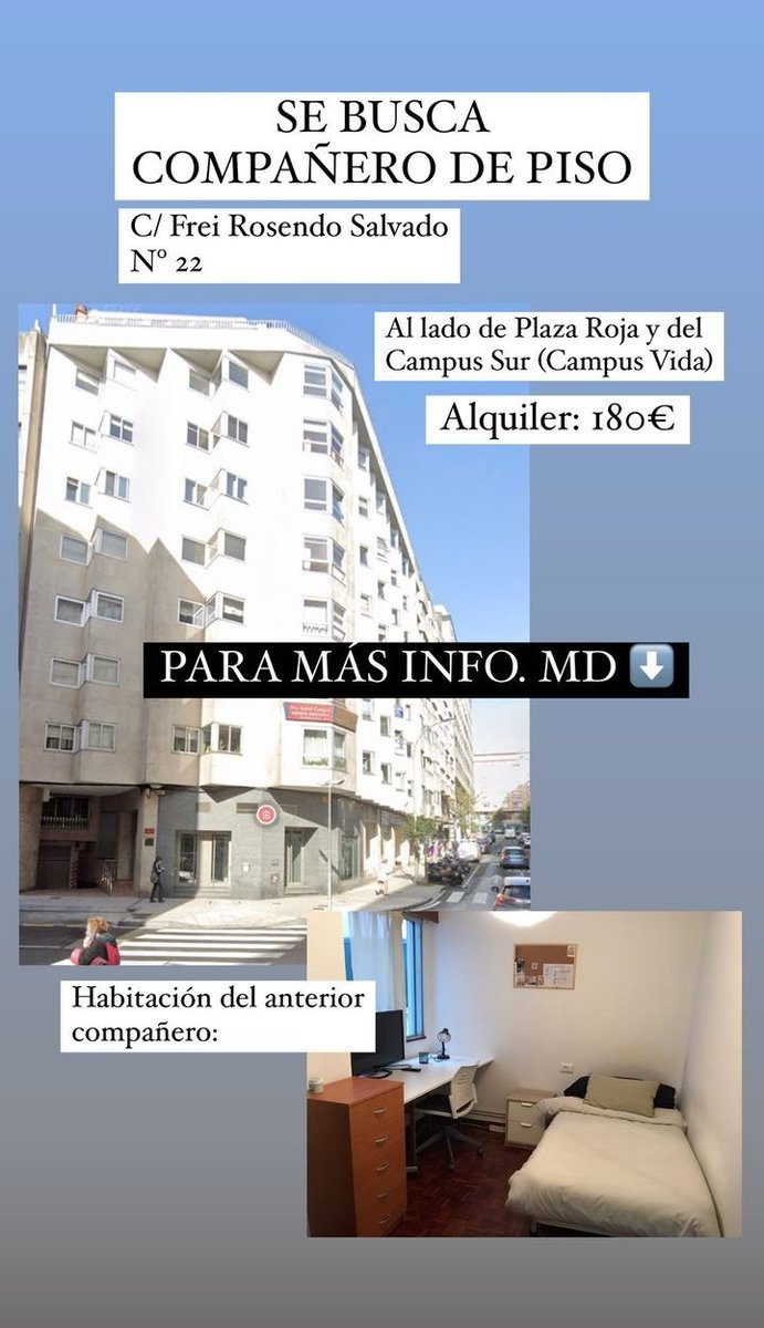 Se busca compañero de piso en Santiago. Entre Plaza Roja y Plaza de Vigo, en la esquina entre Frei Rosendo Salvado y Santiago de Chile. Somos dos y tenemos una hab libre.