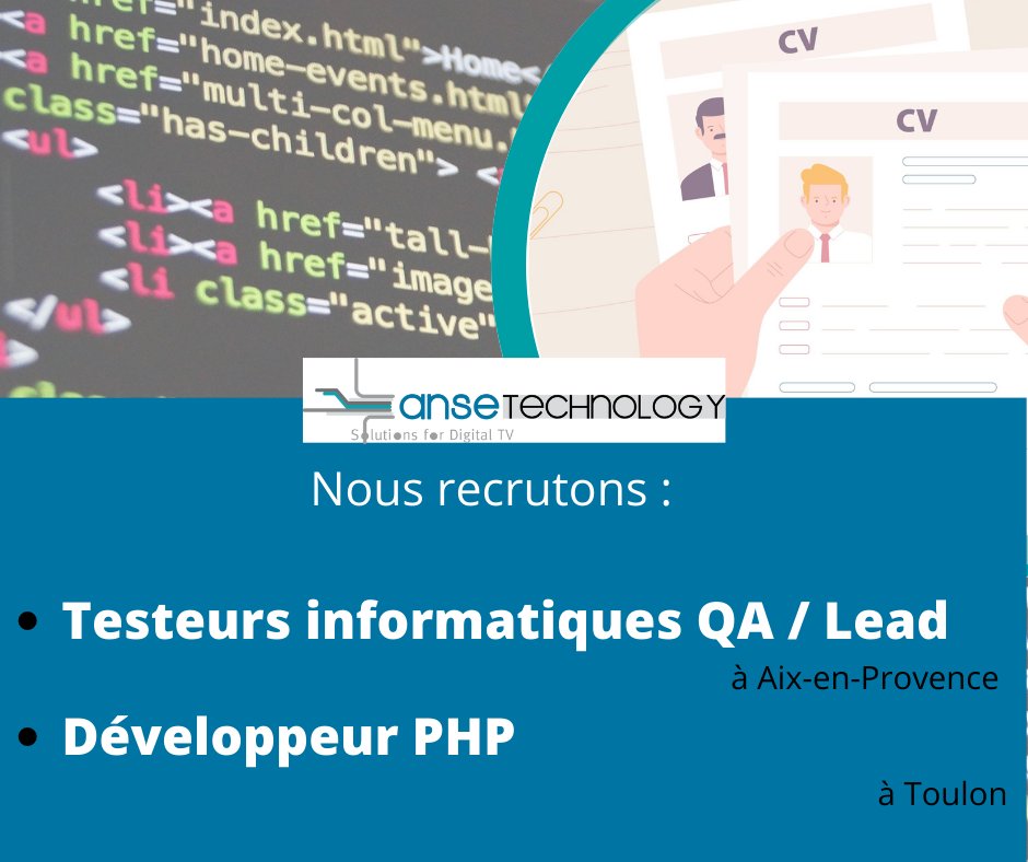 AnseTechnology's tweet image. Anse Technology recrute ! 💼

Nous recherchons un(e) Testeur(euse) QA / Lead
👉🏼 lnkd.in/ekCCDbfP

Nous recherchons un(e) Développeur(euse) PHP
👉🏼 lnkd.in/eKh6MBpK

👉🏼 Retrouvez également toutes nos offres d&apos;emploi sur notre site Internet : lnkd.in/daKHz64