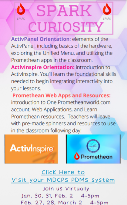 <a href="/MDCPS/">Miami-Dade Schools</a> we are a few days away from our *Spark Curiosity* Virtual webinar series! Join us Jan 30, 31 &amp; Feb 2 to learn about your ActivPanel, ActivInspire Software and the NEW <a href="/Promethean/">Promethean</a> Web Apps! Sign up through your PDMS portal! See you next week! <a href="/EcAkerman/">LeanneAkermanEC</a> <a href="/PrometheanLiu/">Bianca Liu</a>