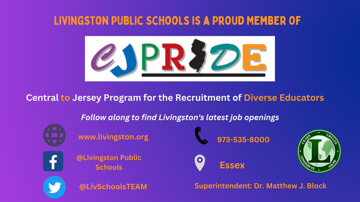 LPS is fortunate to have the support of the community and BOE, as well as a highly talented and dedicated staff.  Check out <a href="/LivSchools/">Livingston Schools</a> at the upcoming virtual #CJRPIDE job fair on March 30.  <a href="/DocBlockLPS/">Dr. Matt Block</a> 
livingston.org