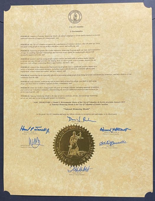 Thank you @ColaMayor and <a href="/CityofColumbia/">City of Columbia</a> Councilmembers for proclaiming January 2023 as 'National Mentoring Month.'  

Learn more about #NationalMentoringMonth here: ezeministries.org/national-mento…

#MentoringAmplifies #ColumbiaSC