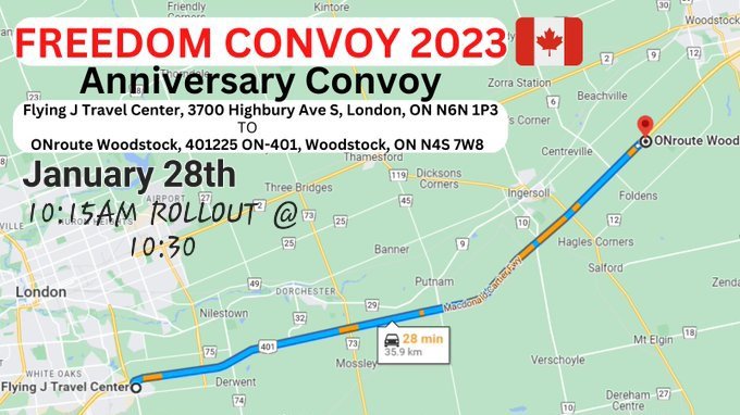 We're convoying from #LondonOnt Flying J to #WoodstockOnt ONRoute! 🚛

It's gonna be a party to remember! 🥳

Share with everyone you know! 🇨🇦
#FREEDOM #ldnont